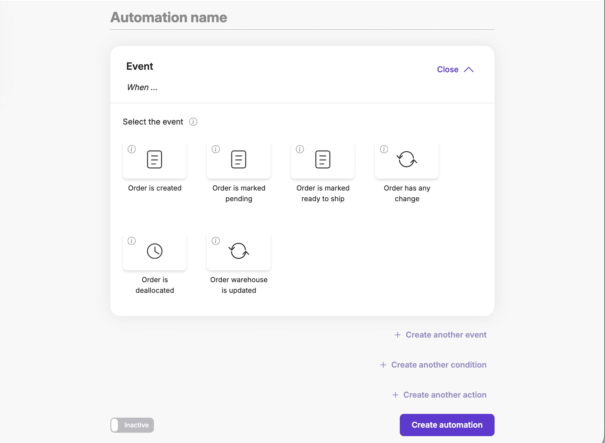 Automation builder interface showing workflow rules, triggers, and event-based actions in Packiyo