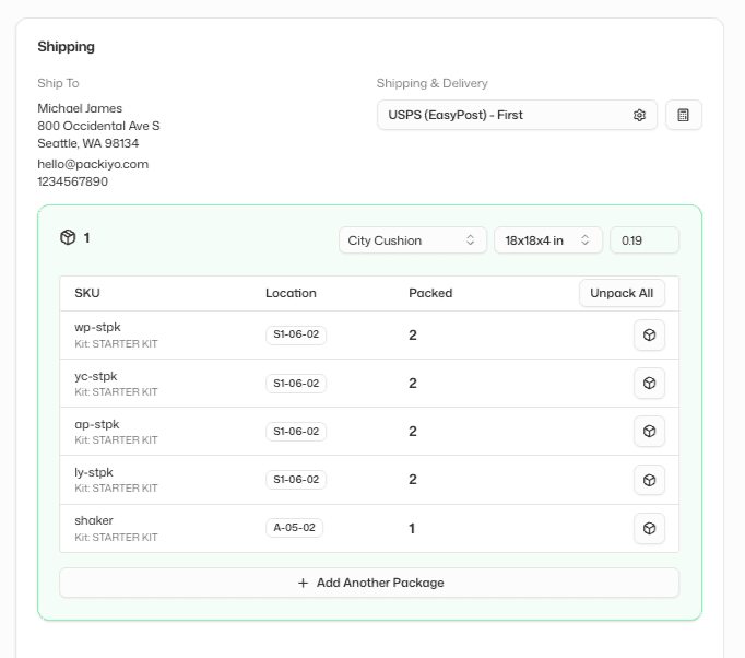 Shipping interface showing carrier selection, packaging details, and label configuration in Packiyo
