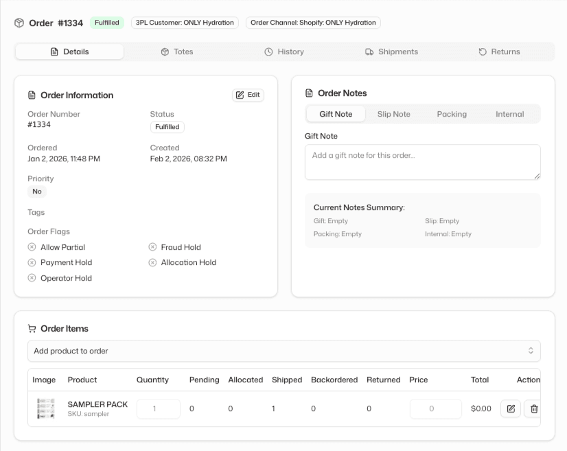 Order management interface showing order details, status, notes, and fulfillment tracking
